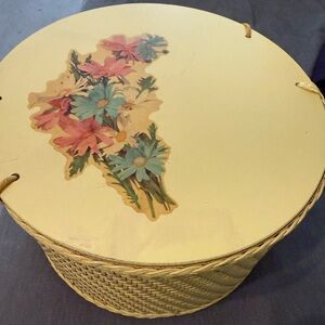 Vintage Yellow Princess Floral Wicker Sewing Box/Retro Craft Storage Box